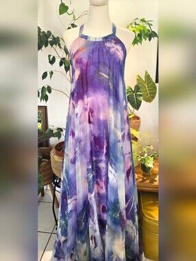 Watercolor Floral Halter Maxi Dress Purple Blue Romantic Boho Wedding Guest